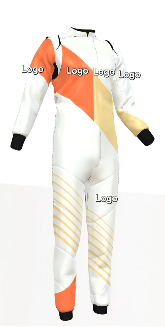 White, Orange, Yellow Prime Quality Customised Kart Racing Suit.  2 layers